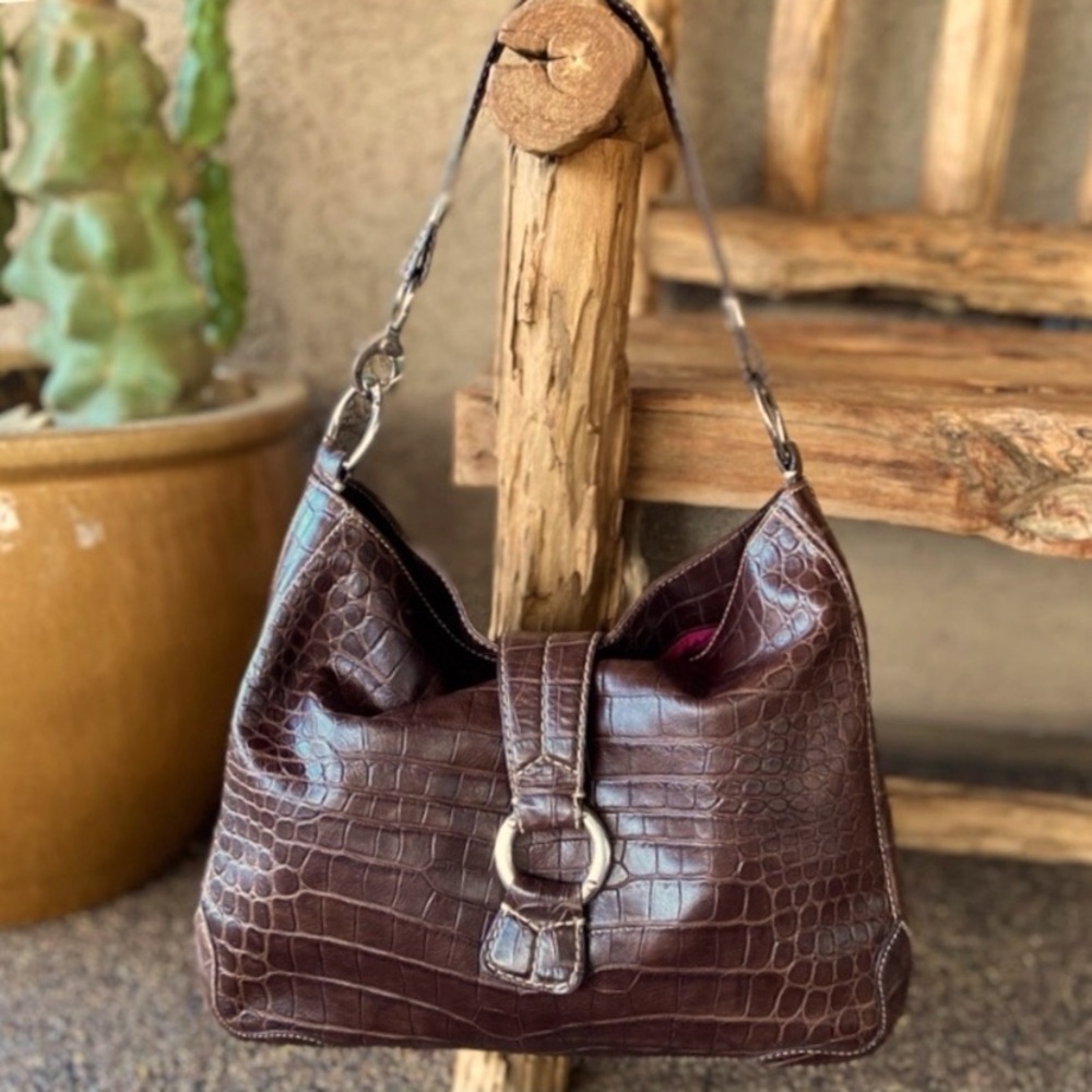 Leather Croc Embossed Textured Shoulder Bag Donald J Pliner